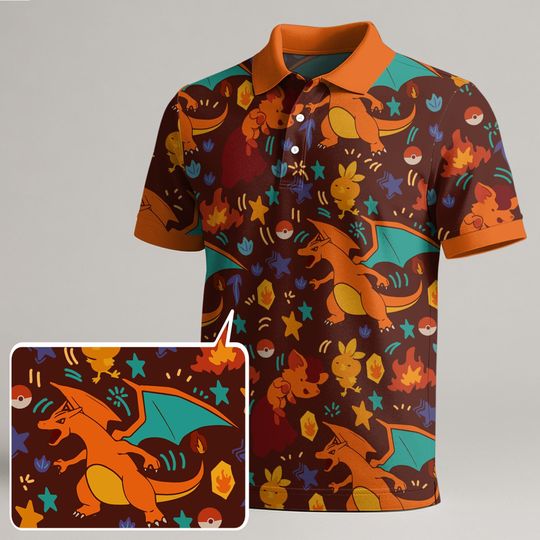 Discover Charizard Polo Shirt, Unisex Fire Dragon Pattern Polo, Kawaii Summer Polo Top, Funny Trendy Shirt, Charizard Shirt Gifts