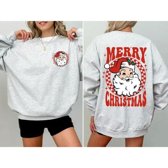Discover Retro Santa Checkered Sweatshirt, Merry Christmas 2025, Winter, Snow, Xmas Sweatshirt, Cute Holiday Crewneck, Santa Claus Sweatshirt