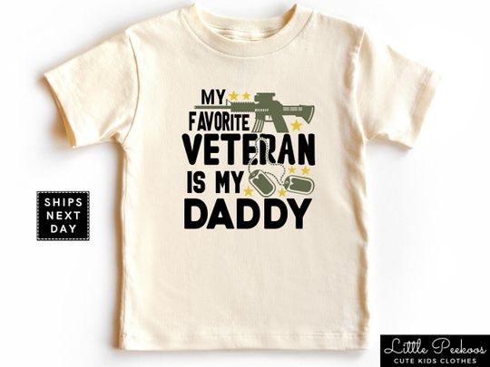Discover My Favorite Veteran Is My Dad Kids Tee, Military Dad Toddler Shirt, Army Fathers Day Baby Onesie, Military Baby Announcement, Veteran Gift