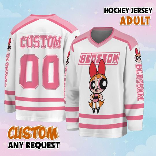 Personalized Blossom Hockey Jersey, Custom The Powerpuff Girls Jersey, Hockey Fan Lover Gift, Hockey Team Outfit