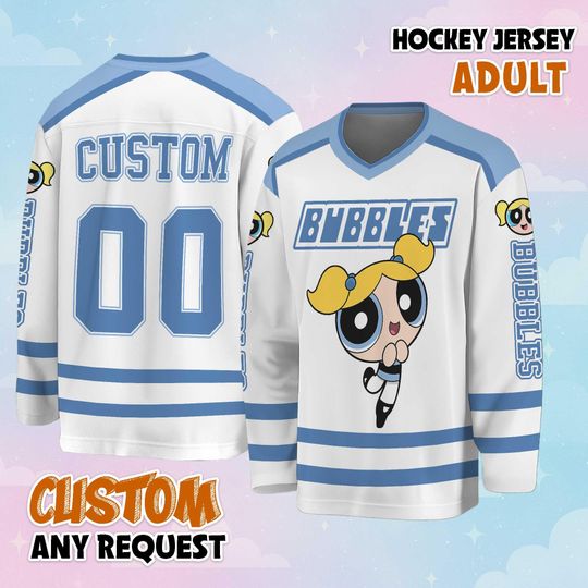 Discover Personalized Bubbles Hockey Jersey, Custom Powerpuff Girls Jersey, Hockey Fan Lover Gift, Hockey Team Outfit