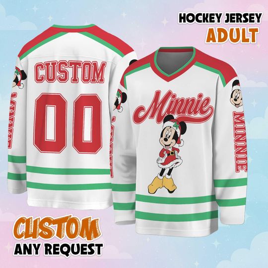 Discover Personalized Minnie Mouse Christmas Hockey Jersey, Christmas Holiday Jersey, Hockey Fan Lover Gift, Hockey Team Outfit