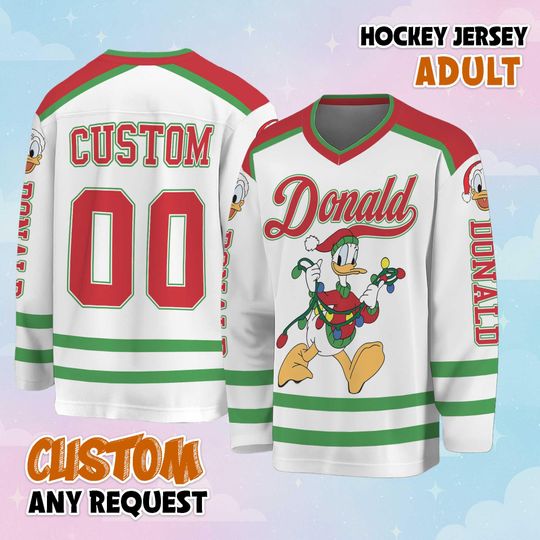 Discover Custom Donald Christmas Hockey Jersey, Personalized Donald Jersey, Hockey Fan Lover Gift, Hockey Team Outfit
