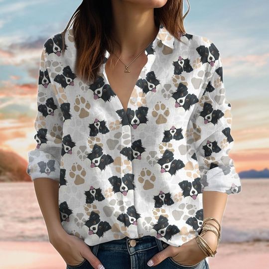 Border Collie Linen Look Shirt for Women, Dog Lover Blouse