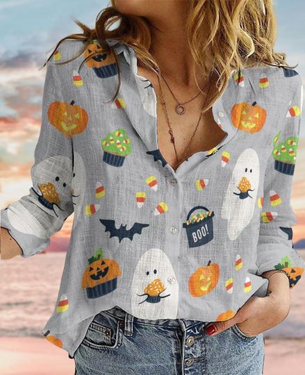 Discover Pumpkin Linen-Look Blouse, Fall Women's Shirt, Halloween Pumpkin