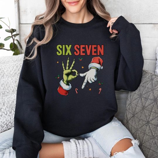Discover Christmas Santa Six Seven Hand Sign Sweatshirt, 67 Meme Christmas Sweatshirt, 6 7 Christmas Shirt,Funny Six Seven Sweatshirt, Trendy 67 Shirt