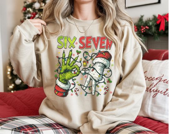 Discover Six Seven Christmas Sweatshirt, 67 Meme Shirt, Funny Christmas Hoodie, 67 Hands Shirt, Christmas Trendy Meme Shirt, Six Seven Christmas Shirt