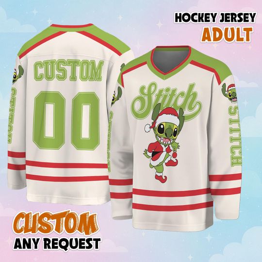 Discover Personalized funny character And Stitch Hockey Jersey, Christmas Holiday Jersey, Hockey Fan Lover Gift, Hockey Team Outfit