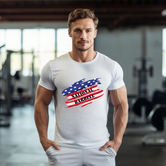Discover National Barbell T-Shirt, Vintage American Flag Gym Tee for Patriotic Lifters & Strength Athletes, Fourth of July Shirt, Veteran's Day Shirt