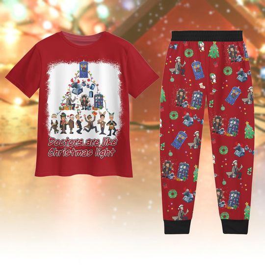 Doctor Who Pajamas Set, Dr Who T-Shirt Pants, TV Series Pajamas Family, Tardis Police Box Pjs, Gift For Women, Xmas Holiday Pjs