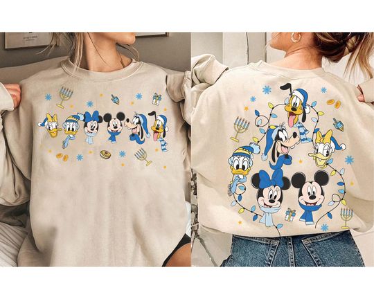 Disney Mickey and Friends Hanukkah Christmas Lights Double Sided Sweatshirt, Jewish Holiday Party Tee