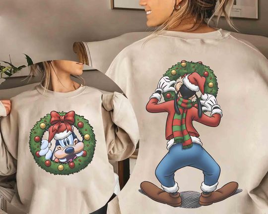 Disney Santa Goofy Christmas Wreath Double Sided Sweatshirt, Mickey's 2025 Christmas Party, WDW Family