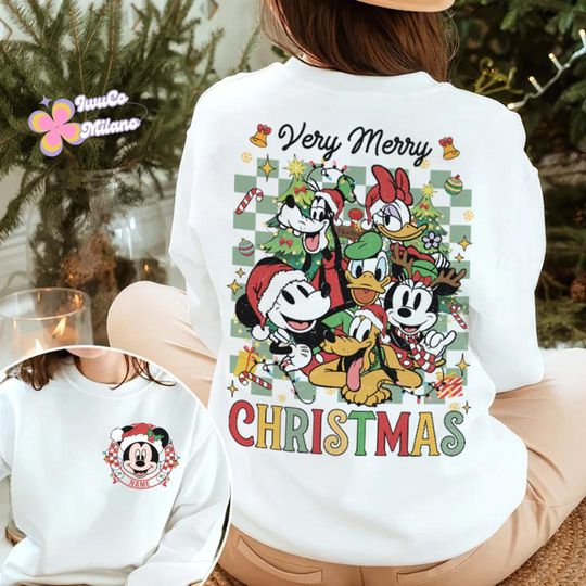 Discover Double Sided Mickey and Friends Santa Christmas Sweatshirt, Disney Mickey's Merry Christmas Party, Disney World Disneyland Family Holiday Apparel