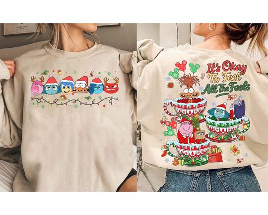 2-Sided Disney Inside Out Christmas Lights Shirt, It's Okay To Feel All The Feels Christmas Coffee Balloons Shirt, Disneyland Christmas Tee