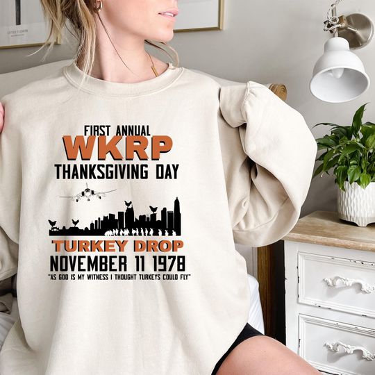 Discover Vintage Thanksgiving Turkey Drop WKRP Sweatshirt