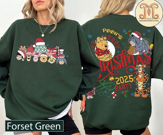 Discover 2-Sided Pooh's Very Merry Christmas Party Sweatshirt, Disney Santa Pooh And Friends Group Christmas Lights Shirt, Disneyland Xmas Shirt