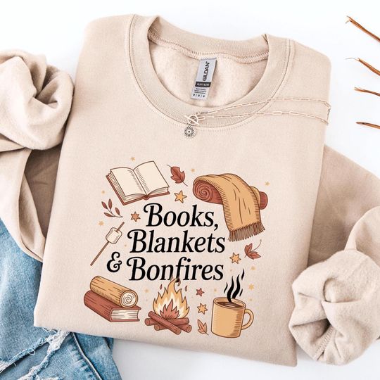 Discover Fall Books And Blankets And Bonfires Shirt, Bookish Aesthetic Sweatshirt