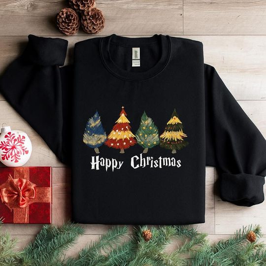 Happy Christmas Wizard Trees Sweatshirt, HP Wizard Houses Christmas Magical Pine Trees Tee