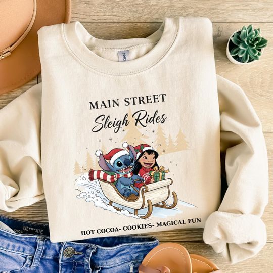 Lilo and Stitch Christmas Sleigh Rides Sweatshirt, Main Street Holiday