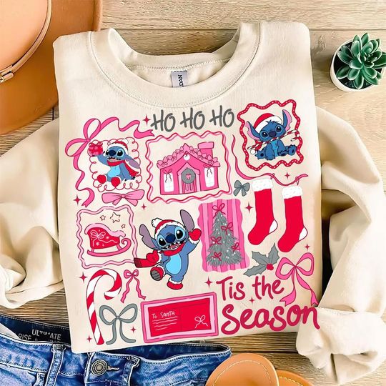 Discover Stitch Christmas Sweatshirt, Cute Santa Stitch Tis The Season Sweatshirt, Holiday Sweater Design, Christmas Hoodie, Pink Christmas Tee, Stitch