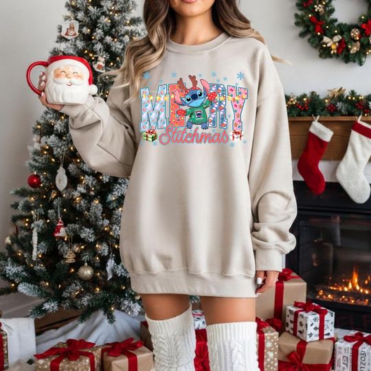 Discover Merry Stitchmas Sweatshirt, Stitch Christmas Sweatshirt, Christmas Cartoon Movie Shirt, Cute Blue Alien Holiday Sweater, Disneyland Christmas