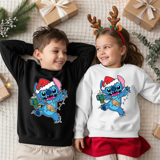Discover Disney Stitch Christmas Kids Sweatshirt, Santa Stitch Christmas Lights, Disney Santa Stitch, Disneyland Family Christmas Trip Gift