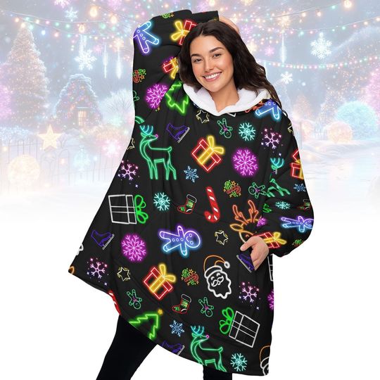 Discover Neon Lights Christmas Hoodie Blanket, Xmas Holiday Light Wearable Blanket, Funny Cozy Xmas Gift, Warm Xmas Gift, Christmas Party Gift