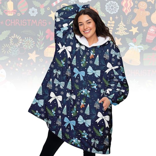Discover Bow Christmas Hoodie Blanket, Elegant Winter Tree Wearable Blanket, Tree and Bow Warm Gift, Cozy Holiday Gift for Women, Xmas Warm Gift