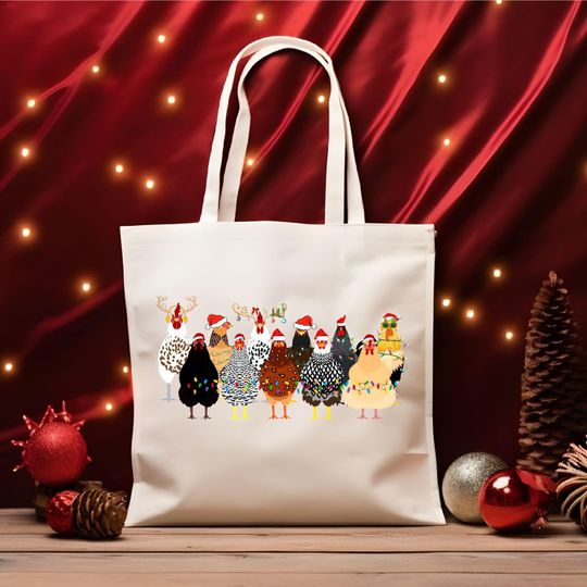 Discover Funny Christmas Chicken Tote Bag, Holiday Chickens with Santa Hats and Lights Bag, Christmas Gift Bag, Xmas Vacation Bag, Gift Tote Bag