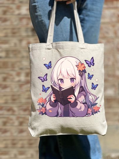 Discover Anime Girl Tote Bag, Bookish Tote Bag,Bookish Gift Idea, Book Lover Gift Idea, Floral Tote Bag, Cute Bag,Aesthetic Bag, Casual Canvas Tote