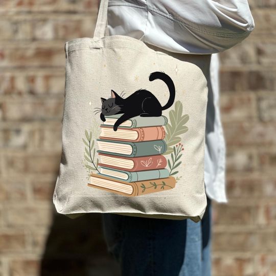Discover Cat and Books Tote Bag, Book Cat Lover Tote Bag, Shoulder Bag, Coffee Lover Tote,Aesthetic Bag, Casual Canvas Tote, Cute Tote Bag, Woman Bag