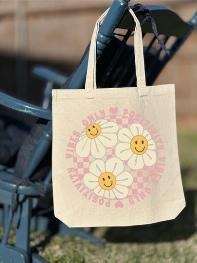 Discover Only Positive Vibes Tote Bag, Motivational Tote Bag, Shoulder Bag, Flower Tote Bag, Aesthetic Bag, Casual Canvas Tote, Cute Tote Bag