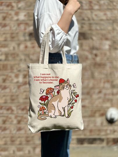 Discover Cat Tote Bag, Floral Mushroom Cat Tote Bag, Cat Lover Gift, Cute Tote Bag, Canvas Bag, Aesthetic Bag, Casual Canvas Tote, Gift Tote Bag