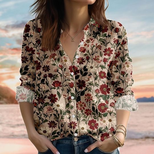Discover Retro Red Floral Linen-Look Blouse, Botanical Women's Top, Vintage Gardening Boho Shirt