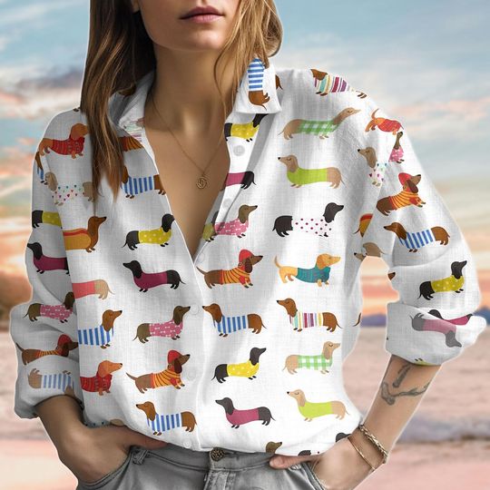 Dachshund Dog Linen Look Shirt, Women's Casual Blouse, Pet Lover Top, Dog Owner Gift