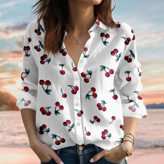 Cherry Linen-Look Blouse, Fruit Print Casual Shirt, Red Summer Button-Up