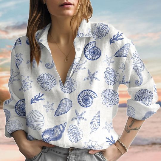 Seahorse Seashell Linen-Look Women's Blouse, Ocean Beach Shirt
