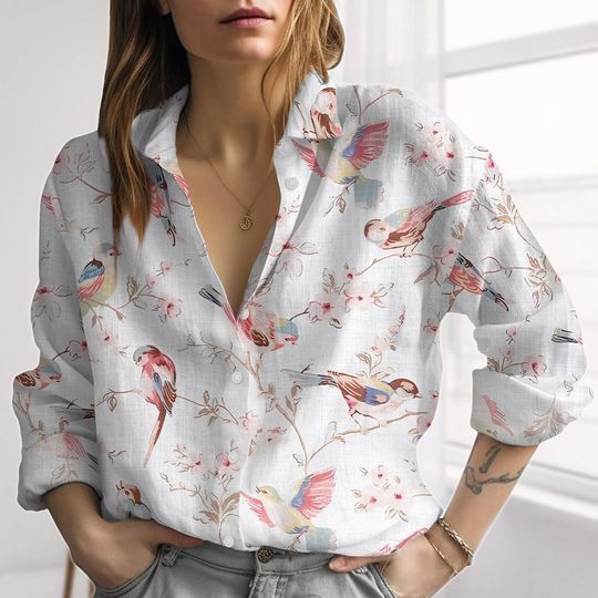 Discover Birds Flower Linen-Look Shirt, Botanical Women Blouses, Nature Love Casual Shirt, Retro Women Shirt, Botanic Button Shirt, Summer Gift