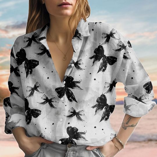Discover Retro Halloween Bow Linen-Look Shirt, Black Bows Shirts For Women, Gothic Blouse Shirt, Spooky Button Up Shirt, Halloween 2025 Gift