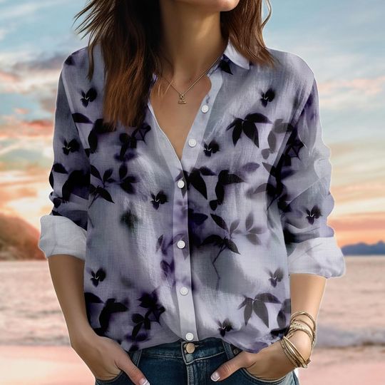 Retro Purple Leaf Linen-Style Blouse, Women’s Gardening Floral Boho Top