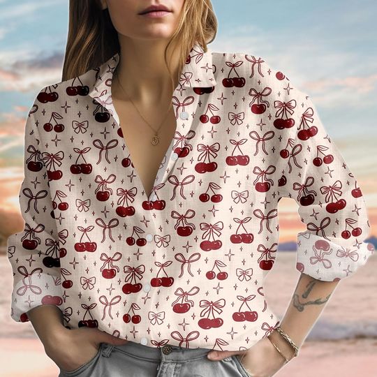 Cherry Bow Linen-Look Blouse for Women