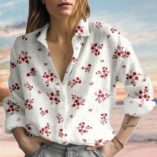 Red Floral Linen-Look Women's Blouse, Small Flower Spring Shirt, Casual Cute Top for Women