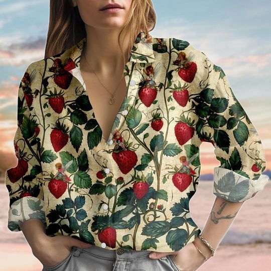 Discover Retro Strawberry Fruit Linen-Look Shirt, Kawaii Pastel Women Shirt, Summer Aesthetic Blouse Shirt, Vacation Trip Shirt, Gift For Her