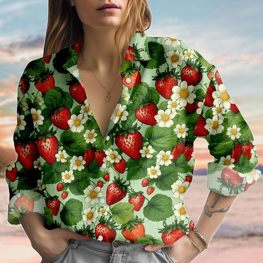 Strawberry Floral Linen-Look Blouse, Red Fruit Casual Shirt
