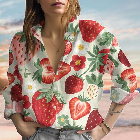 Strawberry Linen-Look Shirt for Women, Summer Blouse