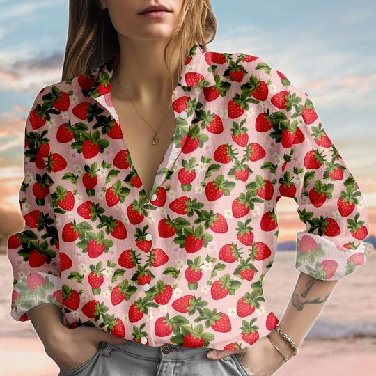 Pink Strawberry Linen-Look Shirt for Women, Casual Summer Blouse