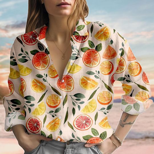 Vintage Citrus Linen-Look Women's Blouse, Summer Fresh Fruit Print Top