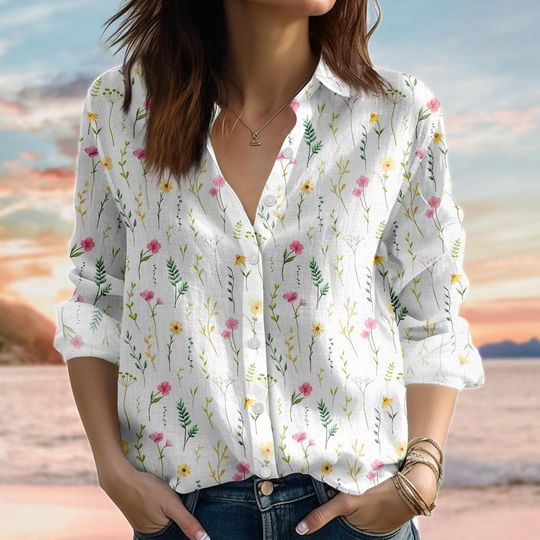 Vintage Wildflower Linen-Look Blouse, Floral Gardening Shirt