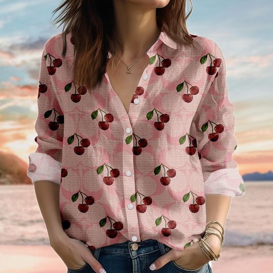Cherry Blouse Shirt, Pink Fruit Graphic Long Sleeve Top, Women's Casual Retro Aesthetic Shirt, Summer Gift