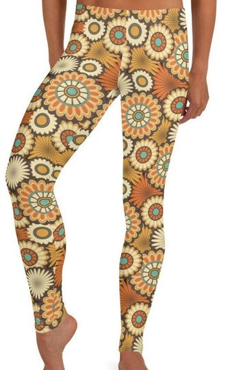 Discover Retro Babe Leggings ~ Women's Earth Toned Botanic Blooming 70s Woodstock Floral Printed Stretchy Tights Pants | Mod Boho Athleisure Legwear